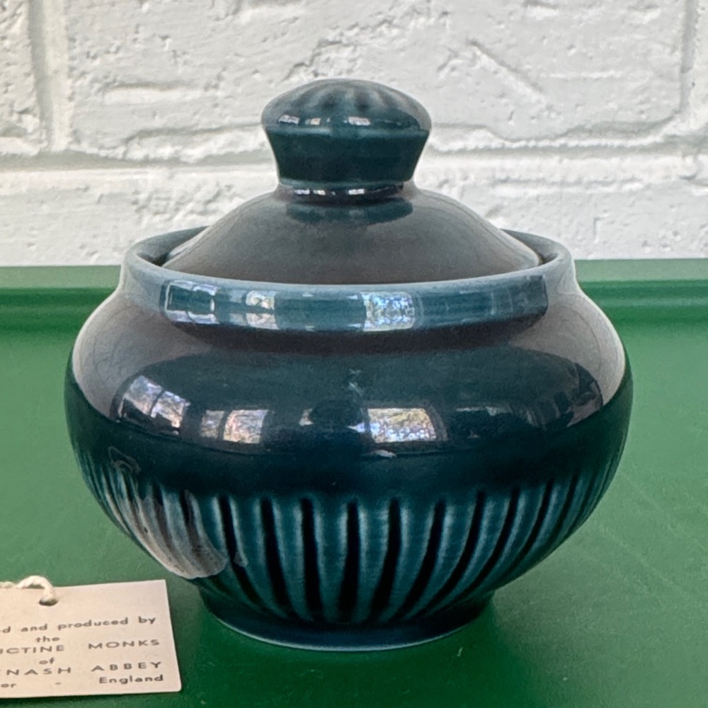 Prinknash Sugar Bowl Jam Pot Pottery Vintage England Blue Ceramic Lidded Jar